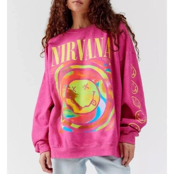 Urban Outfitters Nirvana Smiley Face Crewneck Oversized Sweatshirt Small Pink 10 - Picture 1 of 7